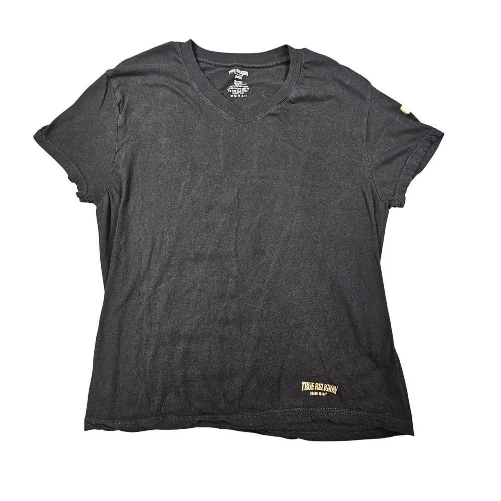 True Religion‎ V-Neck T-Shirt Black Gold Metallic Foil Buddha Logo Women's L
